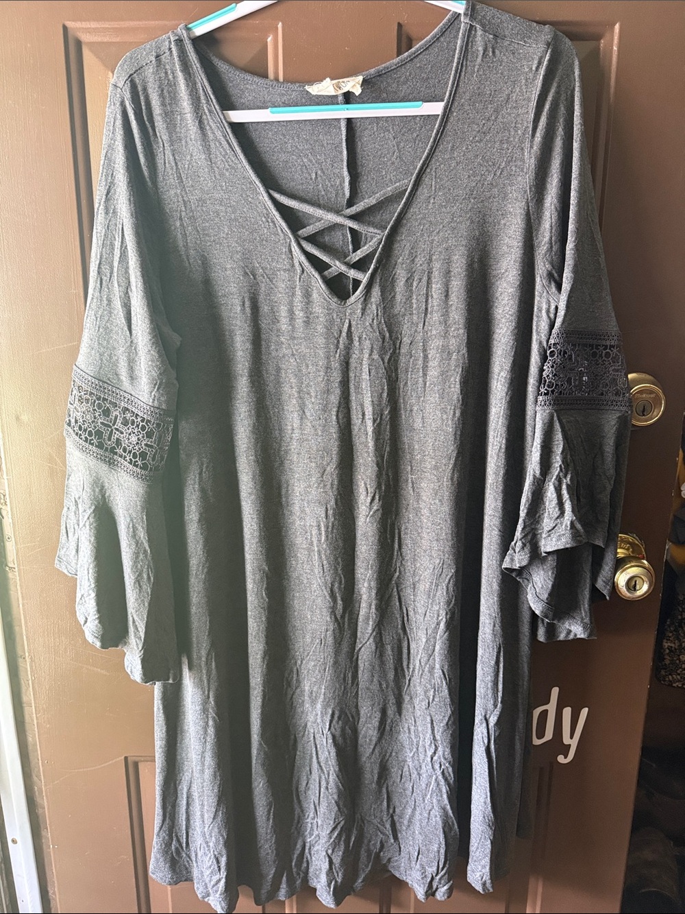 Women's Charcoal Lace-Sleeve V-Neck Dress